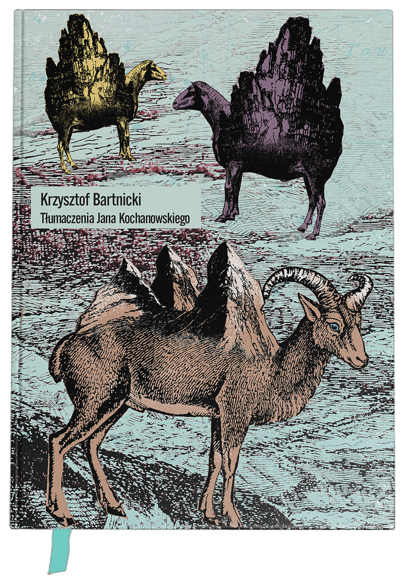 kolaż Kai Renkas, na&nbsp;turkusowym tle trzy postaci kozic-wielbłądów z&nbsp;różnymi elementami na&nbsp;grzbietach, czarny tytuł oraz autor w&nbsp;środku kompozycji